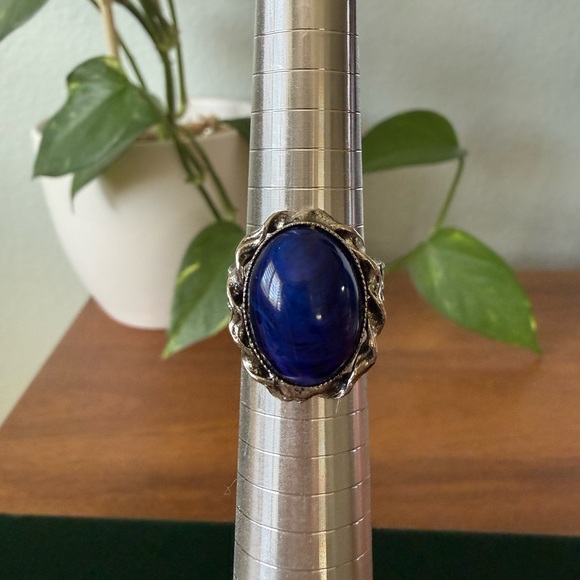 Gorgeous Vintage West Germany Blue Glass Cabochon Silver Tone Adjustable Ring - Picture 5 of 14